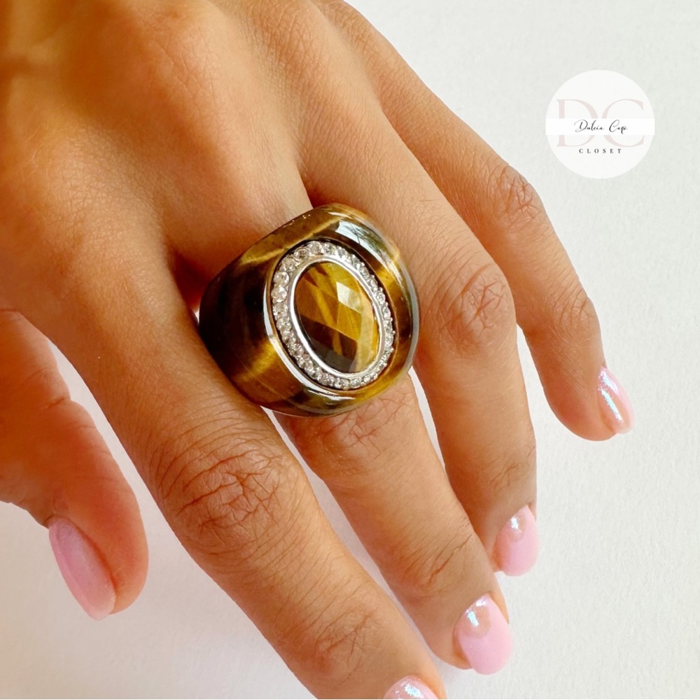 Tiger Eye Ring With Zirconias Size 6 on 925 Sterling Silver
